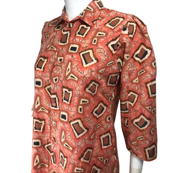 Vintage Abstract Print Dress 1970s Orange Brown Mod Print Handmade Size Large - Picture 4 of 6